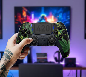 Gamer holding MODDEDZONE 420 PS5 Custom Modded Controller with themed artwork and competitive mod features