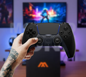 Gamer holding MODDEDZONE Midnight Black PS5 modded controller with stealth finish and pro-grade mods