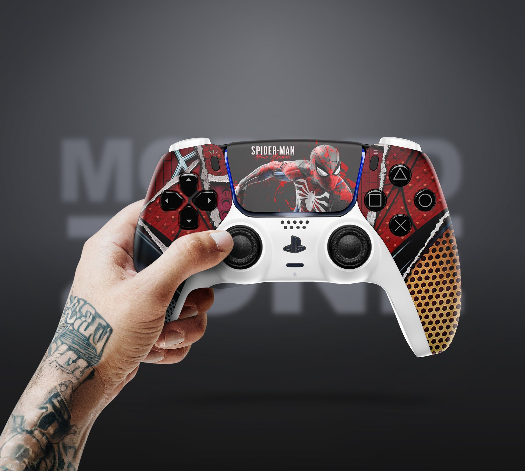 Gamer holding MODDEDZONE SPIDER PS5 Custom Modded Controller with web-themed artwork and mod technology