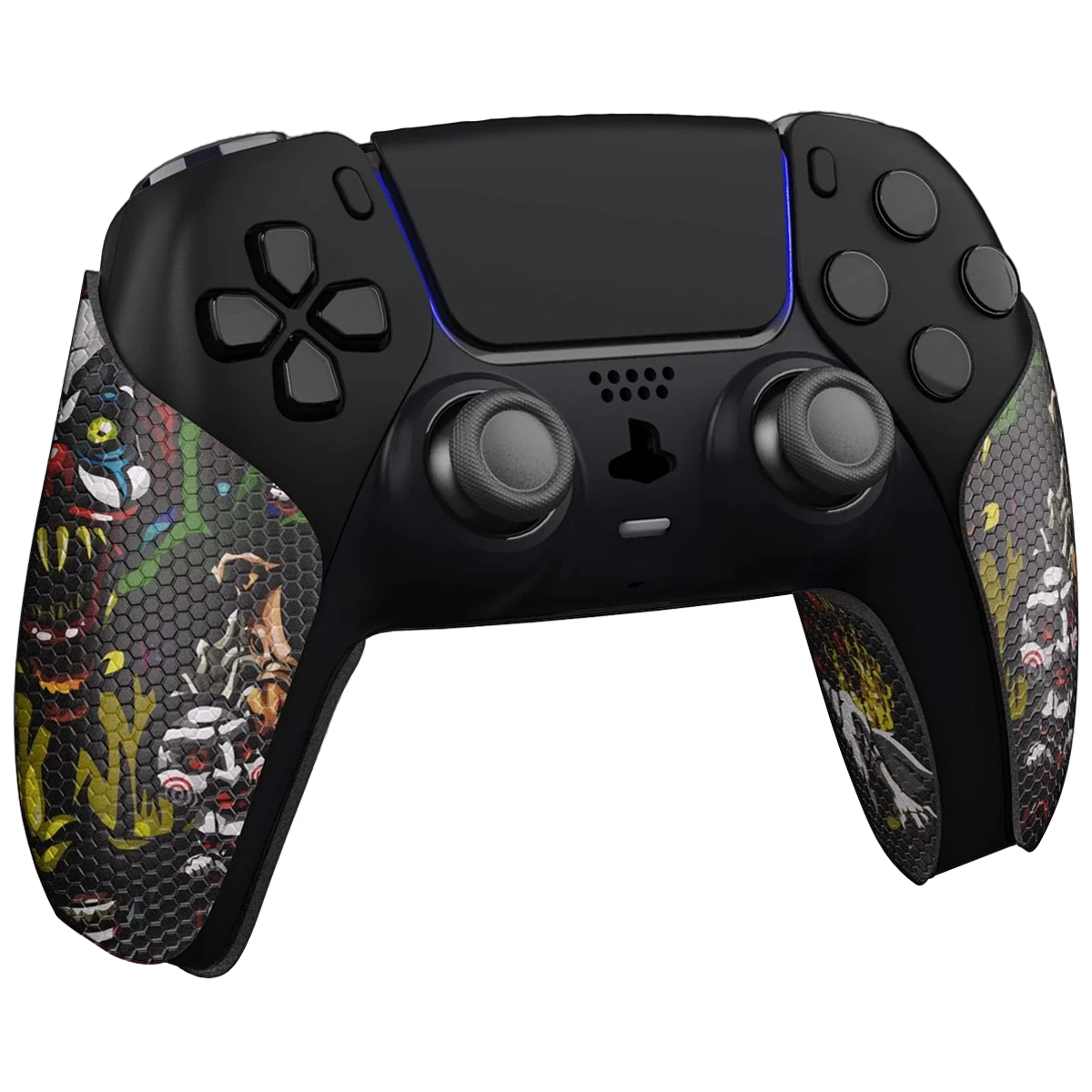 Custom PS5 controller with black buttons and grips featuring a colorful, horror-themed graphic design with monster characters and honeycomb texture.