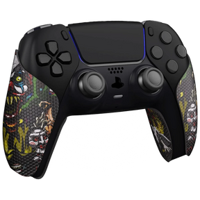 Custom PS5 controller with black buttons and grips featuring a colorful, horror-themed graphic design with monster characters and honeycomb texture.