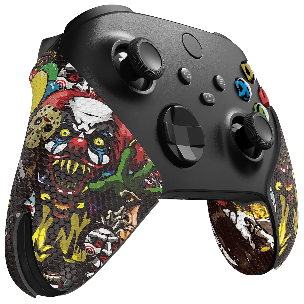 Black Xbox controller featuring colorful, horror-themed textured grips with clown and monster artwork on both sides.