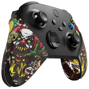 Black Xbox controller featuring colorful, horror-themed textured grips with clown and monster artwork on both sides.