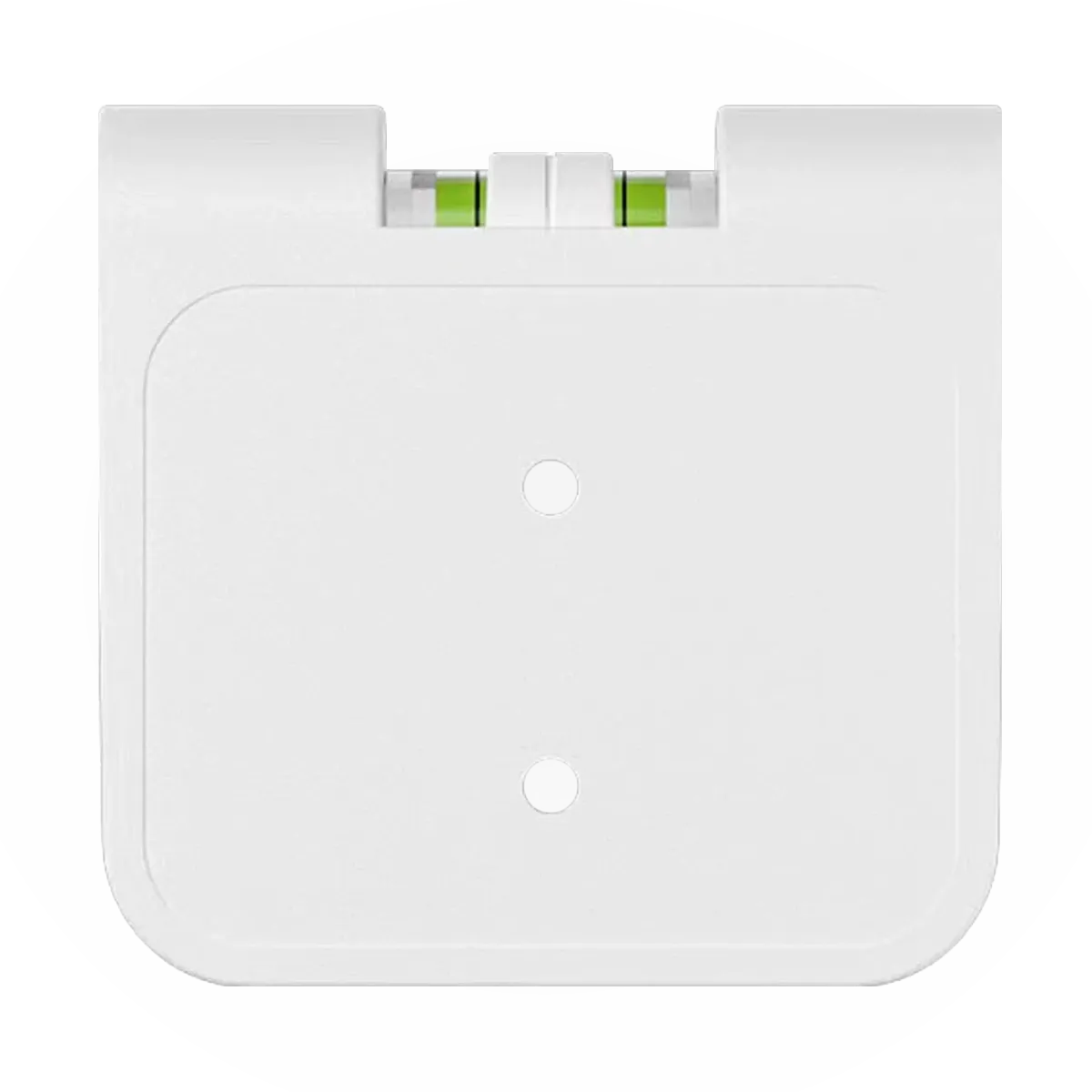 Back view of a white wall mount bracket for game controllers featuring two screw holes for installation.