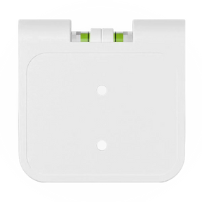 Back view of a white wall mount bracket for game controllers featuring two screw holes for installation.