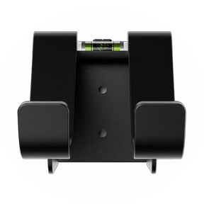 Top view of black gaming controller stand featuring dual support arms, mounting holes, and integrated bubble level for precise alignment.