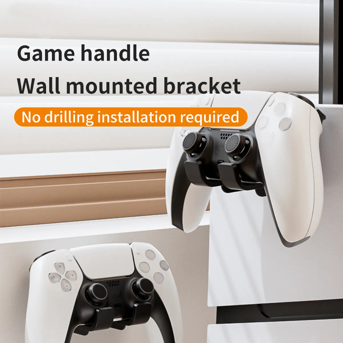 Promotional image showing white PS5 controllers mounted on a wall with a no-drill wall mount bracket.