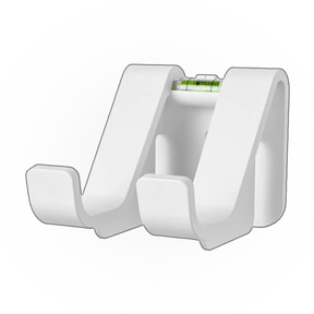 White dual-hook wall mount bracket for gaming controllers with a built-in level for easy installation.